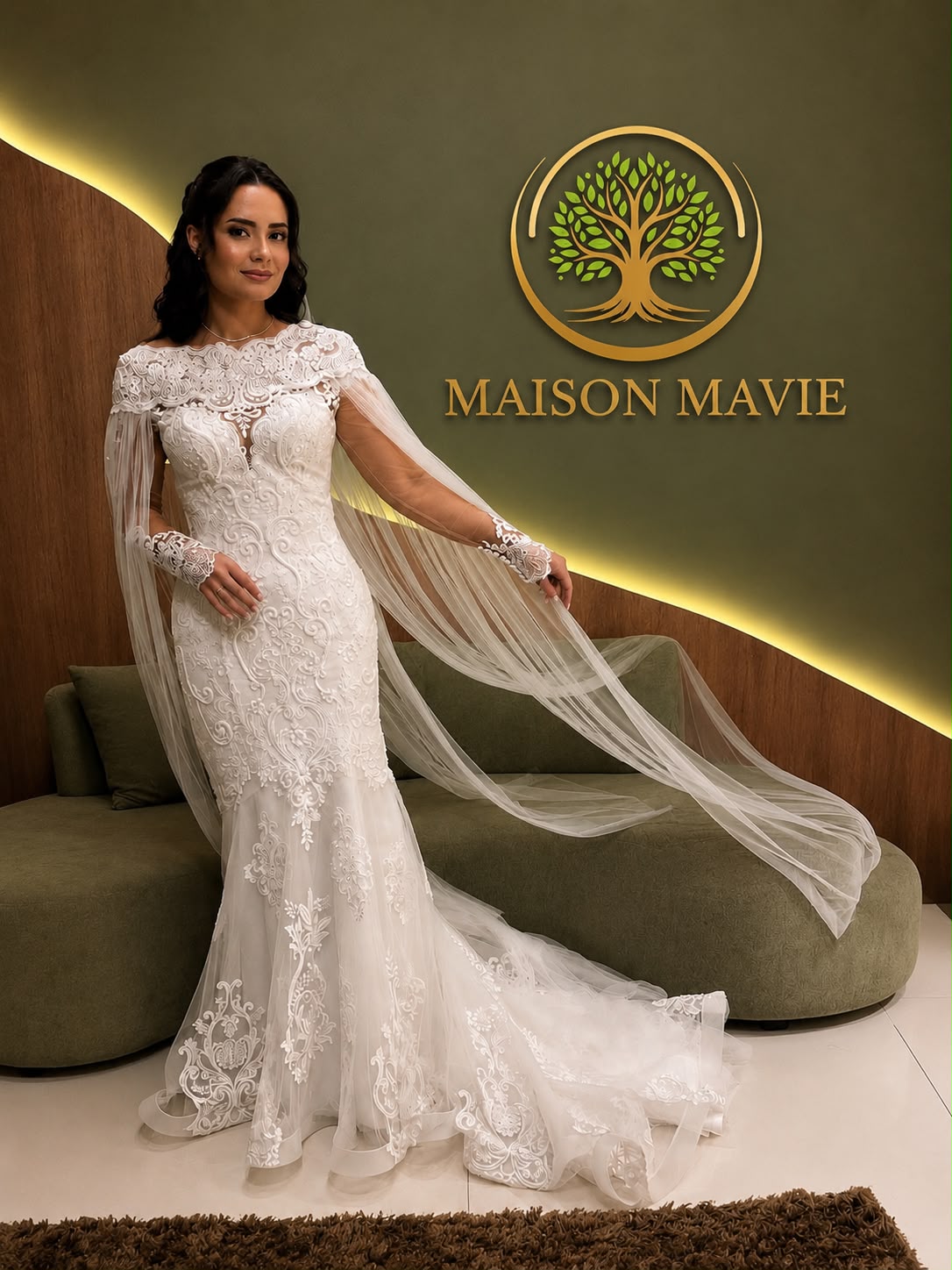 Noiva com vestido de renda na Maison Mavie